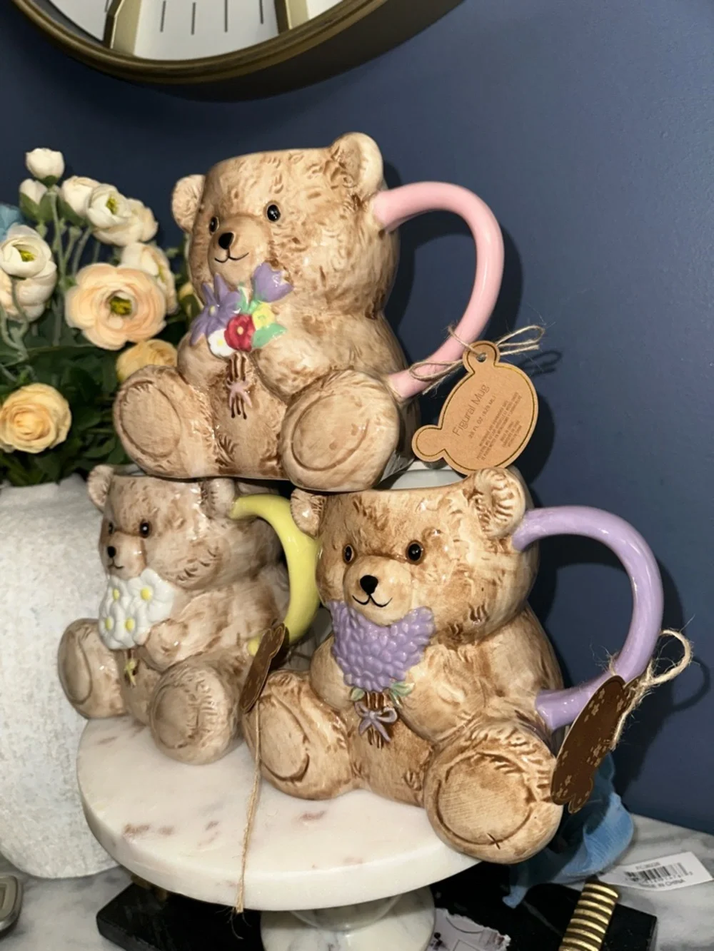 Ceramic Teddy Bear Mug Set - Pastel Handle Floral Accents - Picture 3 of 3
